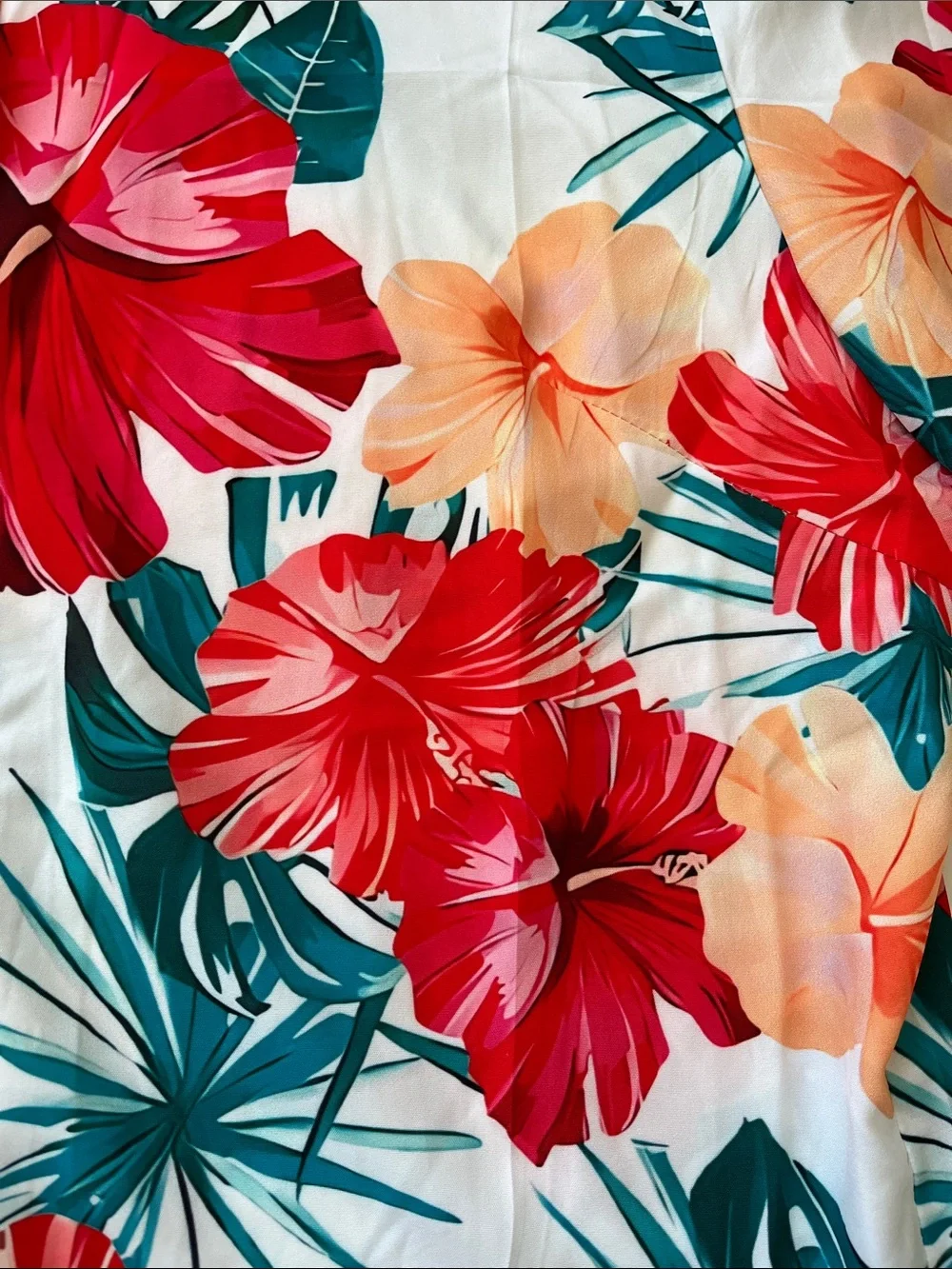 UNBRANDED Tropical Floral Short Sleeve Shirt - White with Red & Orange Flowers